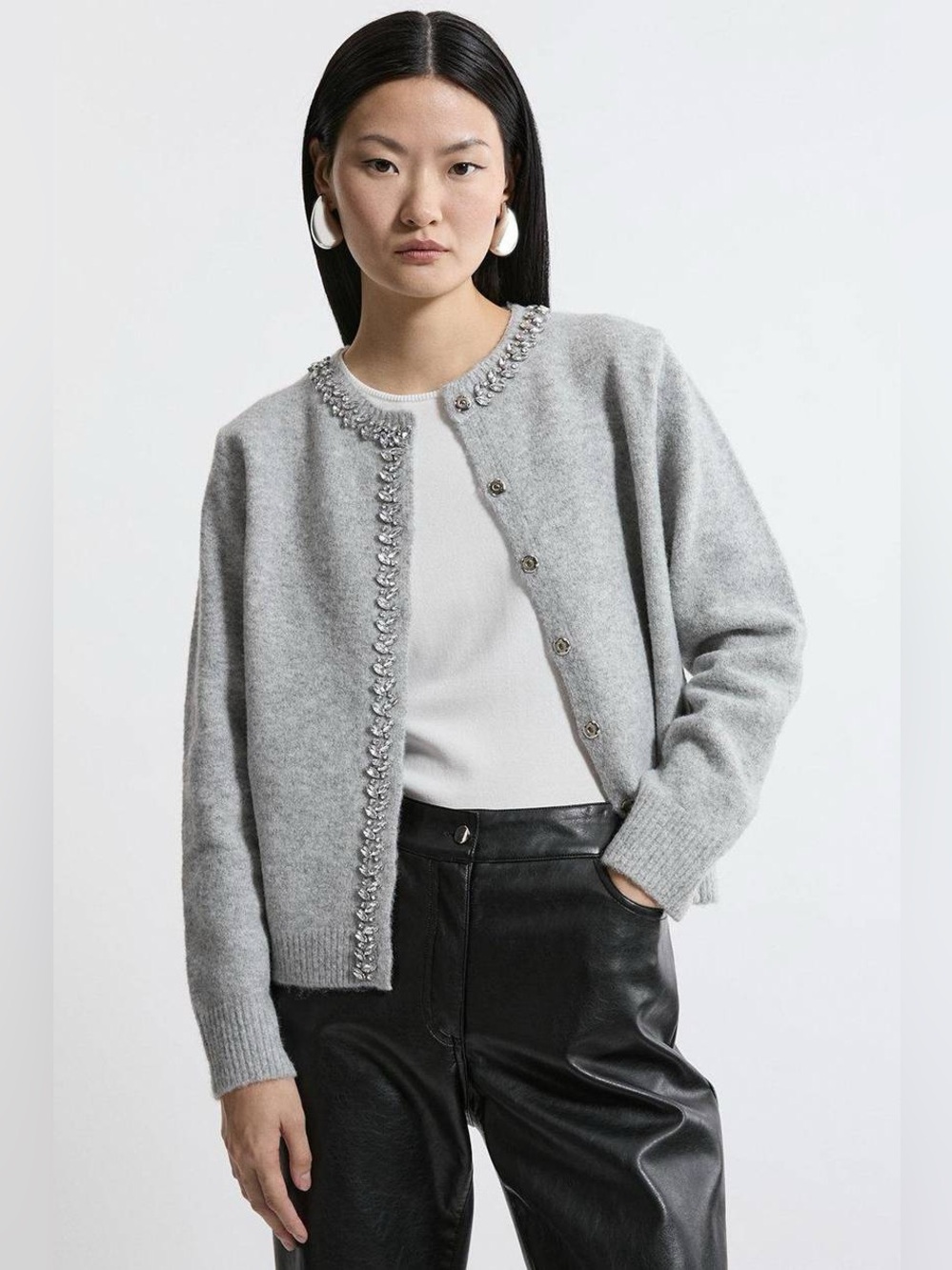 Karen Millen Embellished Trim Cosy Knit Cardigan – Gray Silver – Size S